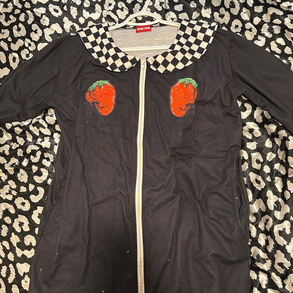 ACDC RAG Black Top with Checkered Collar and Strawberry Design